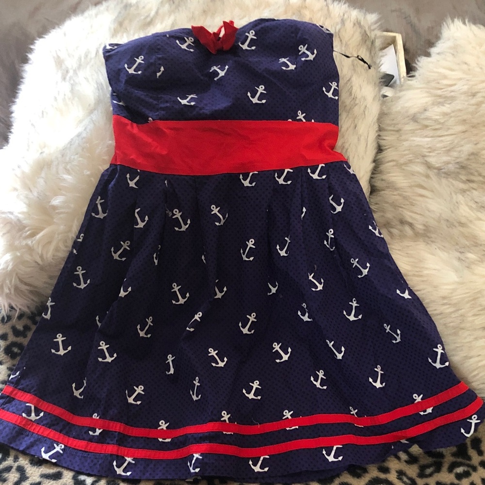 Sourpuss Navy Anchor Print Dress with Red Accents